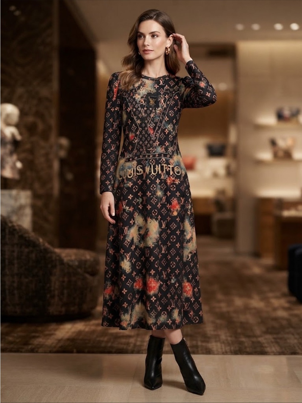 Brand New FASHION Black Multicolor Monogram Long Sleeve Midi Dress